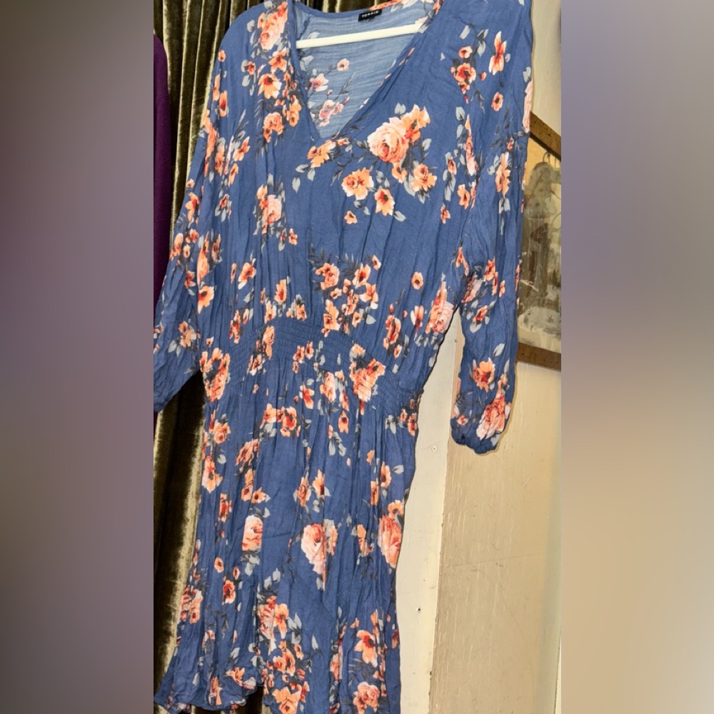 Torrid Blue Floral 3/4 Sleeve Cinch Waist Smock Midi Shirt Dress Plus sz 6x (30)